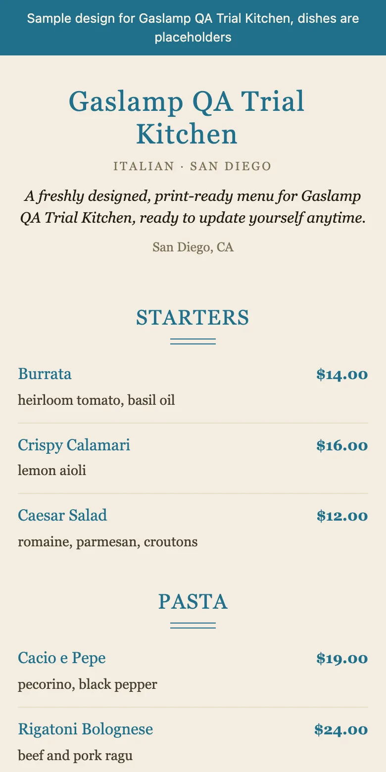 The Gaslamp sample menu on a phone: restaurant name, then Starters, Pasta, and Dessert with prices
